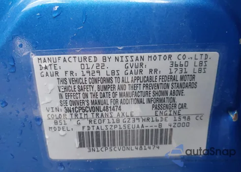 2022 Nissan Kicks Sv Xtronic Cvt из США, поврежденный, VIN 3N1CP5CV0NL481474